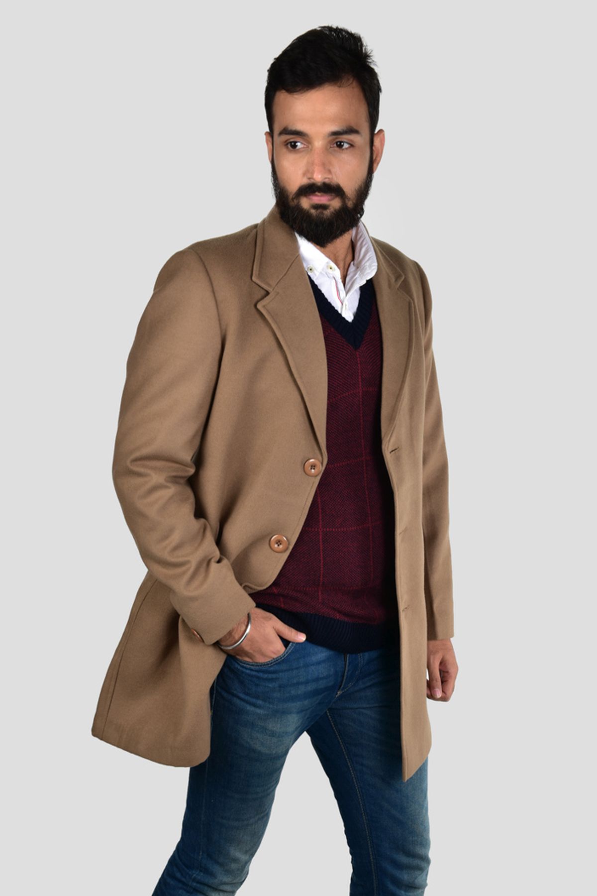 INVACHI Men's Single breasted Mid-length Winter Woolen Business Coat with Free Detachable Soft Touch Wool Scarf 