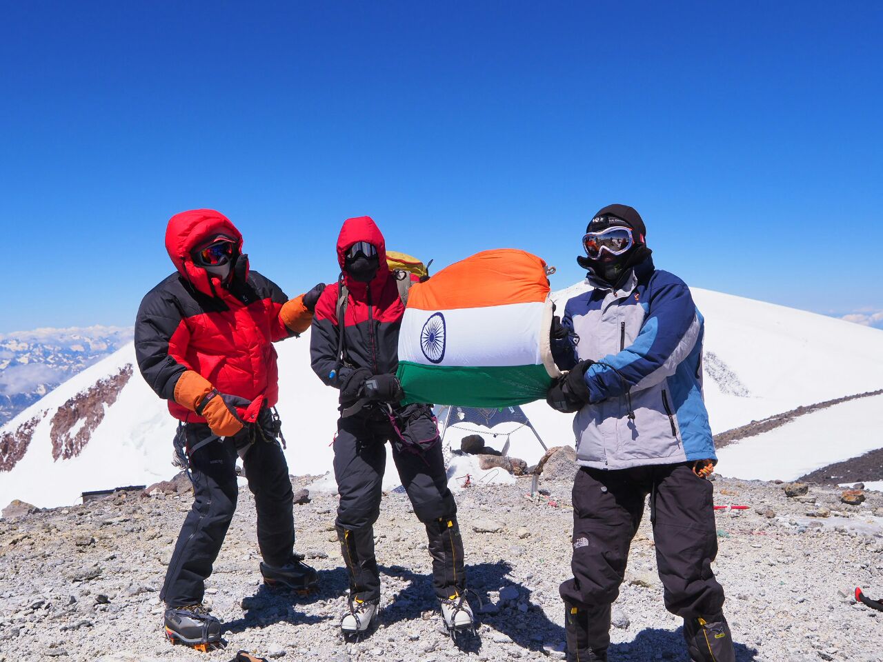Jayesh Morwankar wearing Kosha Hardshell Pants on his summit to Mount Elbris July 2017