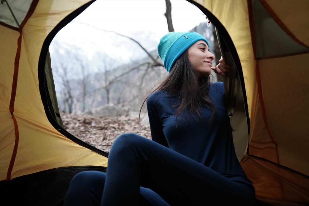 Warm Base Layers thermals worn by a girl during camping in Japan