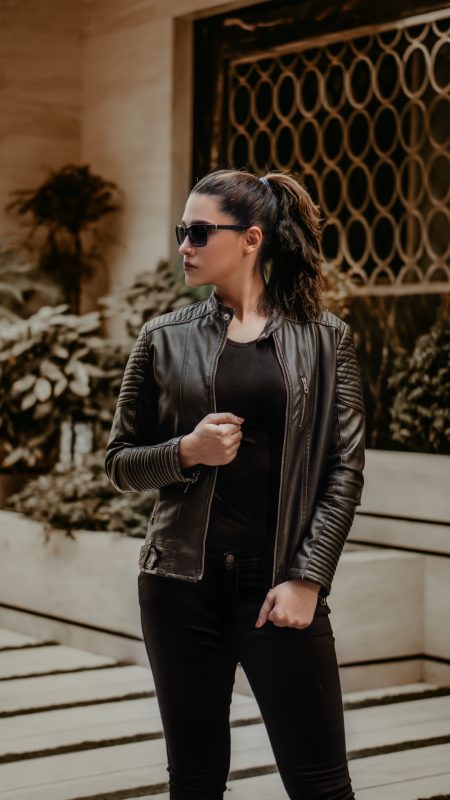 woman wearing leather winter jackets for womens online