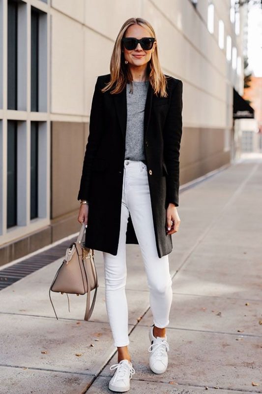 white jeans in winter with coat and blue top
