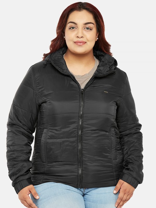 woman wearing a black puffer jacket for winter