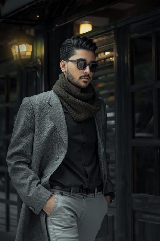 suit and scarf combo as formal winter wear for men